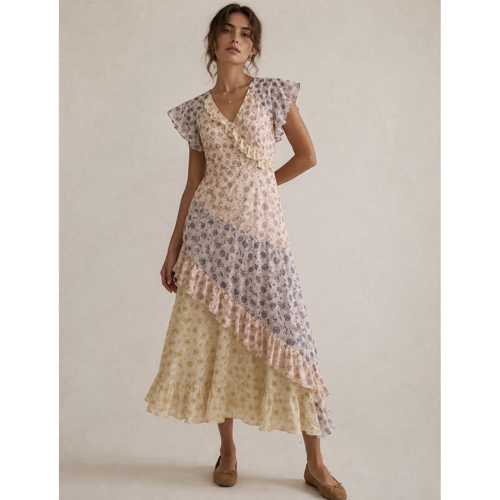 Joie Orita Silk Dress Dainty Floral Ruffle Feminine Ethereal Midi Size 8
